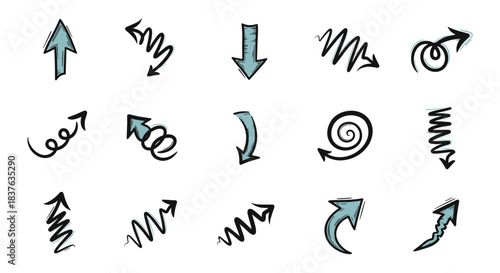 Collection of hand-drawn doodle arrows in various quirky and sketchy styles, pointing in different directions for graphic design.