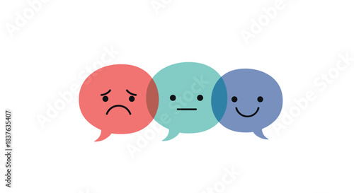 Three overlapping, translucent speech bubbles with sad, neutral, and happy faces, representing a range of feedback or emotions.