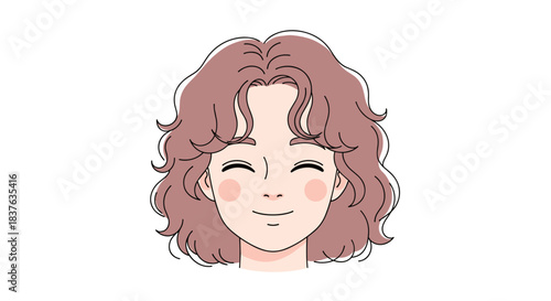 A smiling anime-style character with wavy brown hair and rosy cheeks, expressing a feeling of calm happiness or contentment.