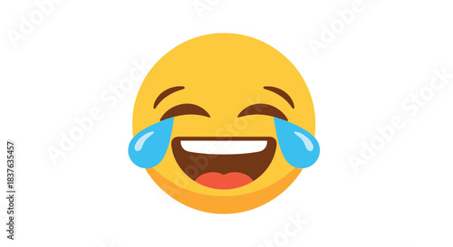 A joyful yellow emoji crying with tears of laughter, depicted in a flat and simple cartoon style on a white background.