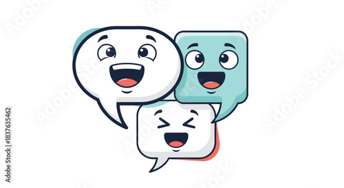 Three cute, happy cartoon speech bubbles with expressive faces, representing a fun and lively group conversation or chat.