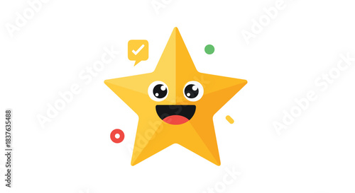 A cheerful cartoon star character with a happy face and a checkmark speech bubble, representing success and positive ratings.