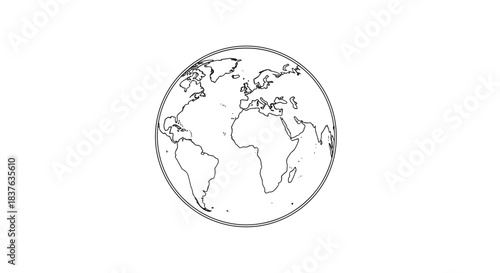 Minimalist black and white outline of the planet Earth, showing a simple and clean map of the world's continents.