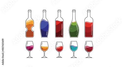 A collection of colorful wine bottles and glasses with various shapes and liquid colors, illustrated in a modern outline style.