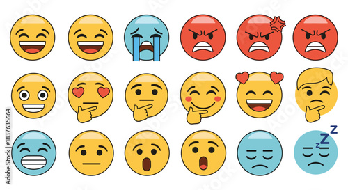 A large collection of colorful emoticons showing a wide range of emotions including happiness, sadness, anger, love, and surprise.