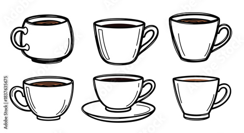 A set of six different coffee cups and mugs, hand-drawn in a black and white outline style for cafe-themed designs.