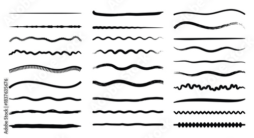A large set of black, hand-drawn underline strokes and dividers in various grunge, wavy, and straight styles for text.