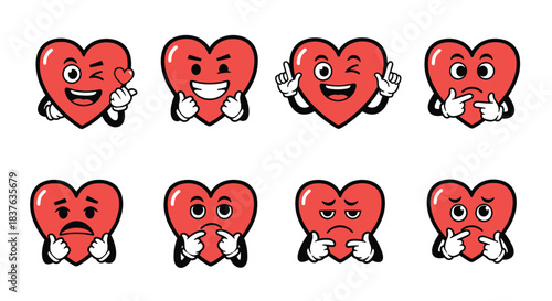 A set of eight cute cartoon heart characters with hands and faces, expressing a variety of emotions like happiness and sadness.