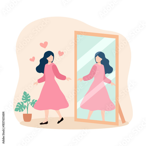 Self love, self esteem concept. Narcissist woman character standing at mirror and looking at reflection feeling proud herself vector illustration