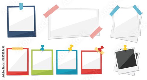A collection of blank instant photo frames, held by colorful tape and pushpins, ready for your pictures and memories.
