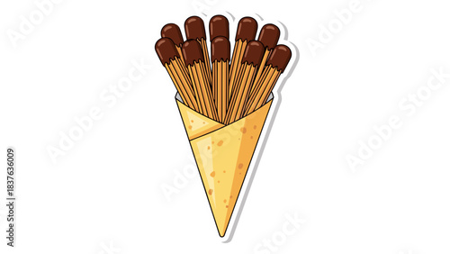 Illustration of chocolate dipped pretzel sticks in a yellow paper cone against a black background