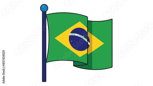 Illustration of the Brazilian flag waving on a flagpole with a black background showcasing green yellow blue and white colors representing national pride and patriotism