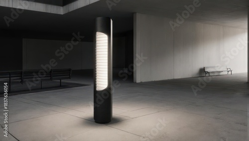 Modern Interior with Illuminated Column and Minimalist Design.