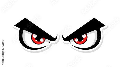 Intense Red Eyes with White Irises and Black Eyebrows Staring Forward Against a Black Background Striking Graphic Illustration