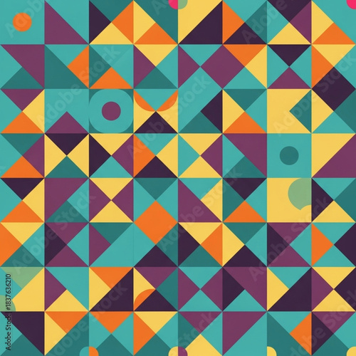 Intricate seamless pattern made up of numerous small triangles and quadrilaterals in a patchwork style, featuring a balanced color palette of teal, purple, orange, and yellow with subtle circular deta