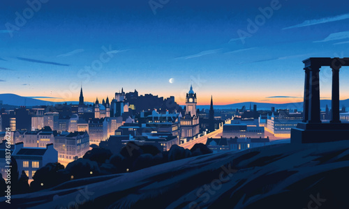 The Beauty of the Night City from the Hill Illustrator Artwork Banner Background Design Template 