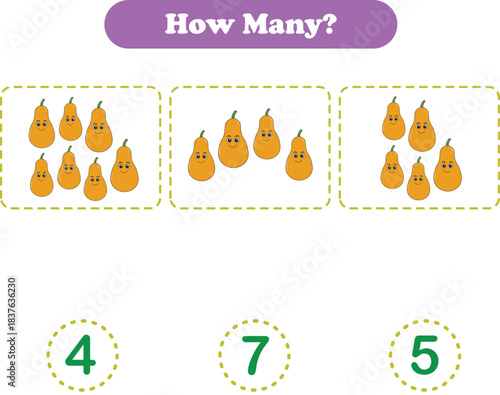 Counting game of fruits for preschool kids. Counting fruits. Printable. Vector Illustration