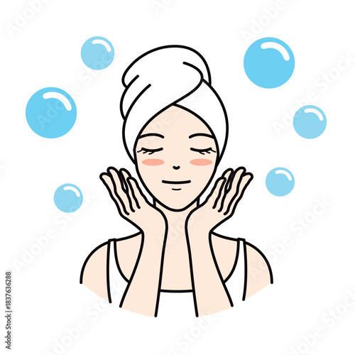 Happy woman enjoying face cleansing and skincare with bubbles