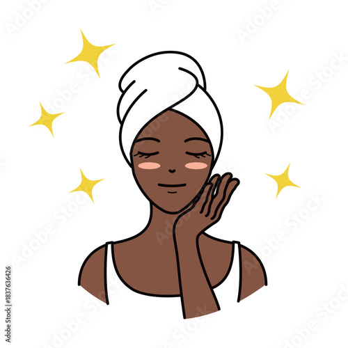 Woman with dark skin and glowing complexion after beauty routine