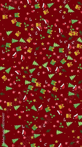 Festive vertical red background with Christmas holiday icons for greeting cards, social media posts, wrapping paper, and holiday-themed designs.