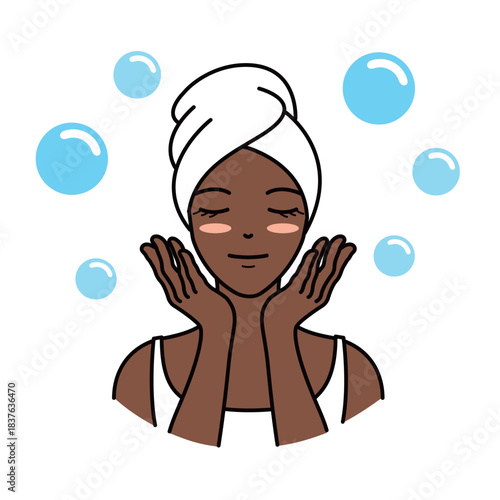 Woman with dark skin enjoying face cleansing and skincare with bubbles