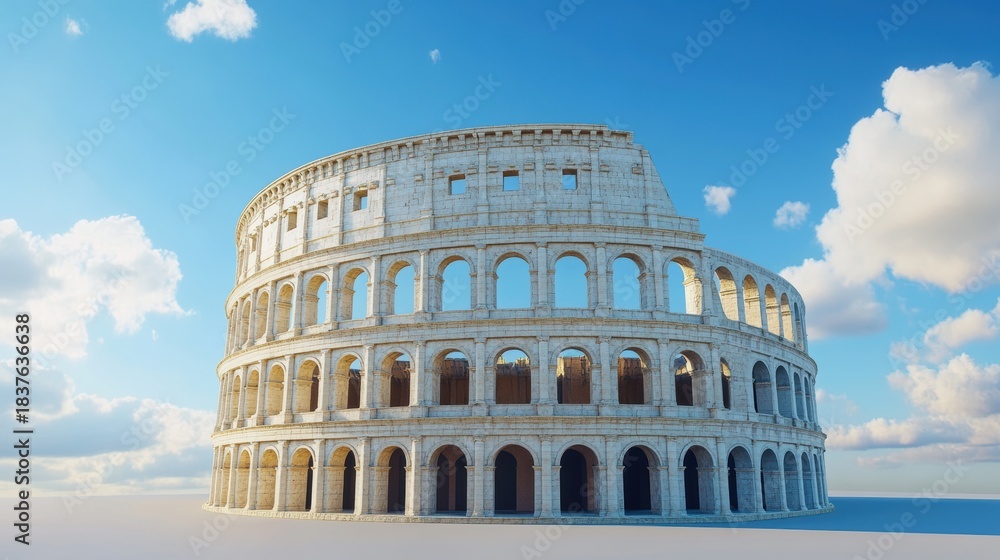 Fototapeta premium Majestic Ancient Roman Colosseum in Bright Daylight with Blue Sky and Fluffy Clouds Captured in Stunning Realistic 3D Render