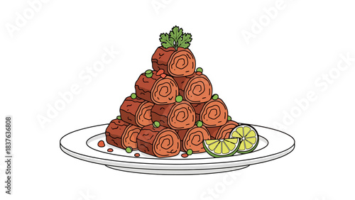 Delicious Freshly Prepared Salmon Skewers with Lemon Garnish on a White Serving Plate rendang indonesian food