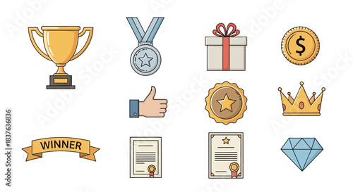 Collection of Award and Success Icons Featuring Trophy, Medal, Gift, Coin, Crown, and Diamond