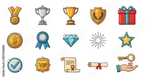 A versatile collection of flat vector icons symbolizing success, achievement, recognition, and quality, perfect for digital reward systems and celebrating excellence