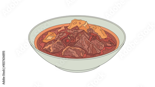 Delicious steaming bowl of hearty meat stew with vegetables rendang indonesian food