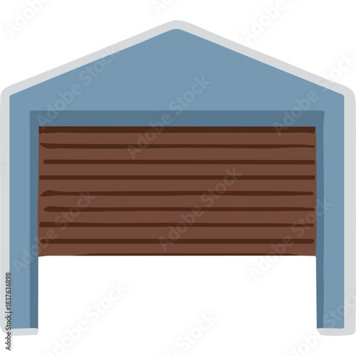Simple Illustration of a Blue Garage with a Brown Rolling Door Closed Under a Bright Sky on a Clear Day