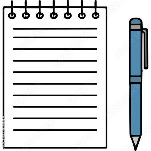 Simple illustration of a blank spiral notebook with lined paper next to a blue pen on a black background representing a writing or note-taking concept