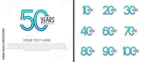 anniversary logo set with blue ribbon. blue number on white background for celebration moment