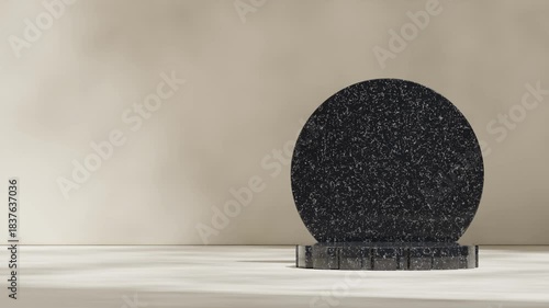 3d video rendering template mockup of black marble round podium seamless loop shadow animation with textured cream wall and floor