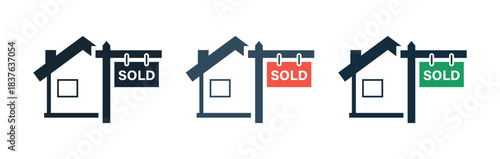 House with Sold Sign Icon, Vector Hanging Property Sign, Minimal Flat Design for Realtors and Listings