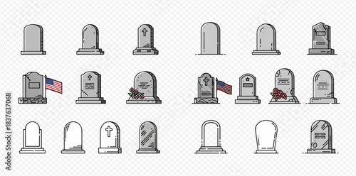 Collection of Gravestones and Headstones with Memorial Symbols and Flags Cemetery Elements Set 2dflat
