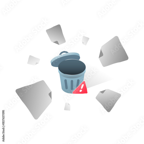Illustration of multiple paper sheets flying into trash bin. delete all action, data removal, file cleanup, or permanent deletion. concept for ui alerts, confirmation dialogs, system warnings