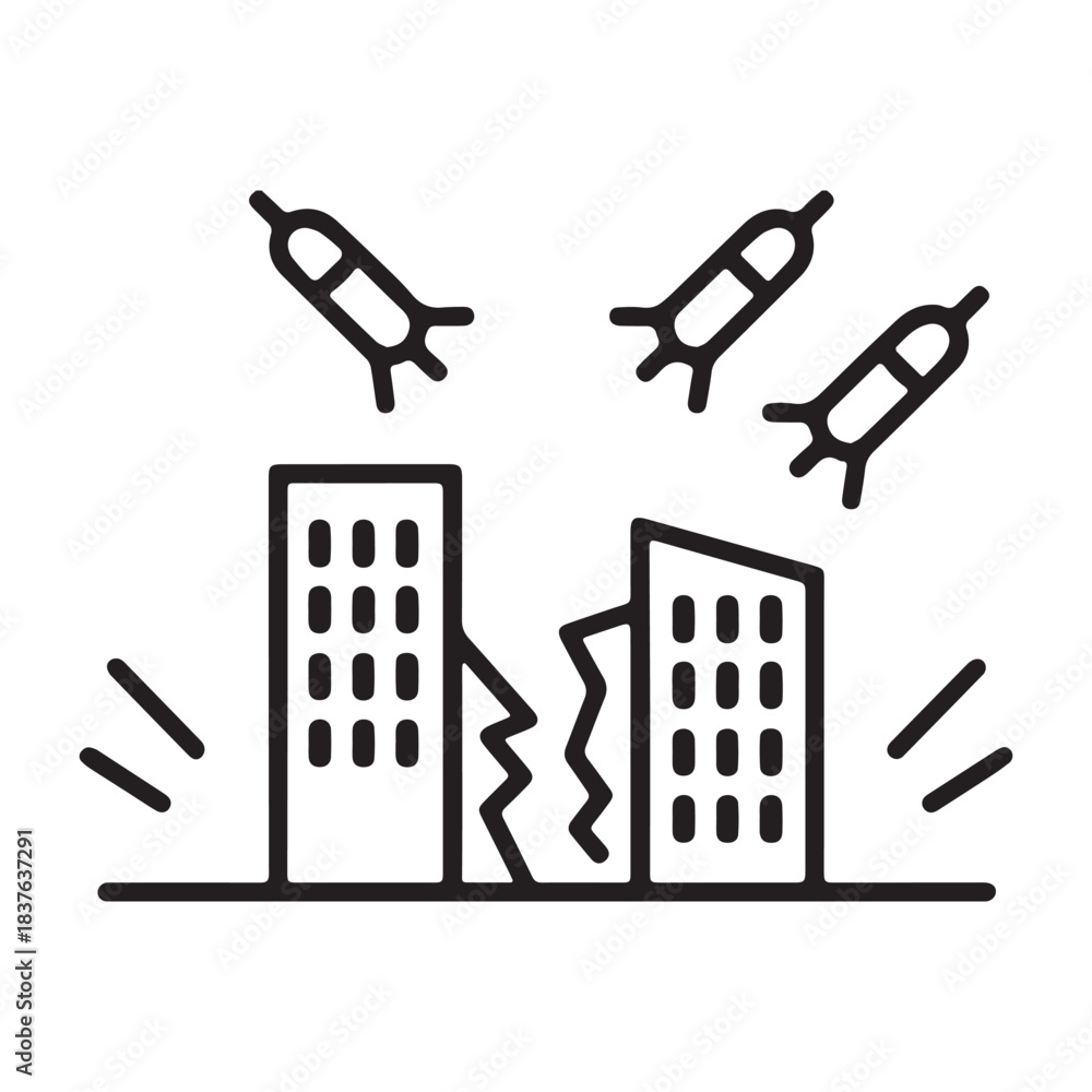 Obraz premium Buildings under attack from missiles icon