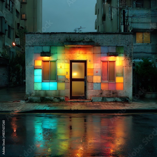 Fototapeta Naklejka Na Ścianę i Meble -  Small building facade illuminated with colorful lights on a wet street image photo