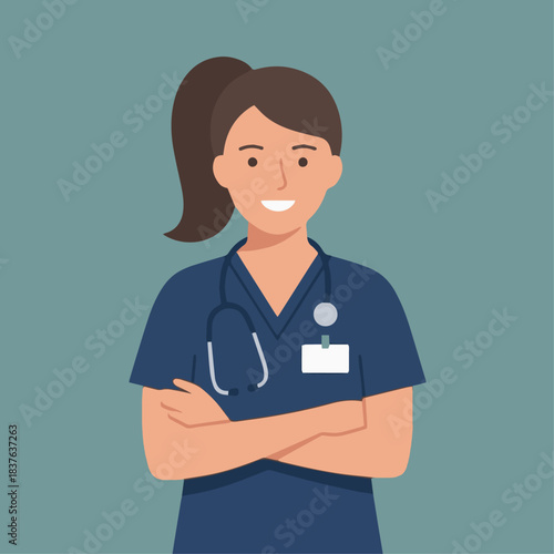 “Nurse standing with arms crossed wearing scrubs and a badge, flat vector style, solid color background, simple shapes.”