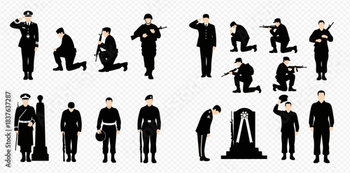 Military Personnel Silhouettes Soldiers Service Members and Armed Forces Poses for Defense and Remembrance 2dflat