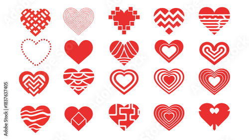 Diverse Collection of Stylized Red Heart Icons and Modern Design Shapes