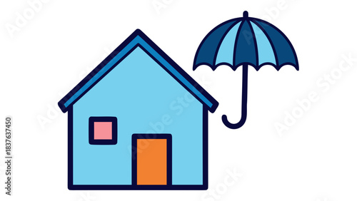 Light Blue House with Orange Door and Pink Window Under a Dark Blue Umbrella on a Black Background Simple Illustration