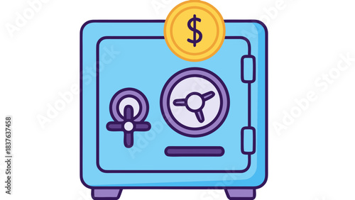Light Blue Safe with Gold Coin and Dollar Symbol on Top Security Vault and Financial Savings Concept on Isolated White Background