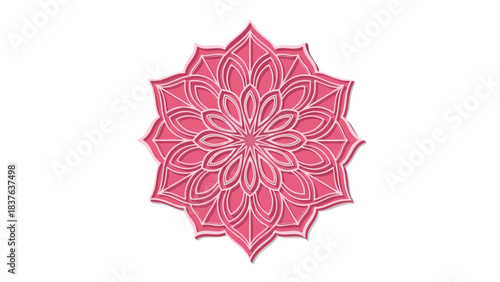 Intricate pink mandala pattern centered on black background with delicate floral motifs and embossed effect creating a sense of symmetry and spiritual design