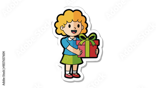 Joyful young girl with curly blonde hair wearing a blue shirt and green skirt holding a red gift box with a green ribbon on a black background a sticker illustration