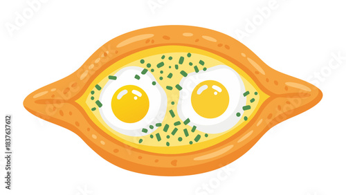 Khachapuri Georgian Cheese Bread Filled With Two Fried Eggs And Chopped Parsley Isolated On Black Background Studio Shot