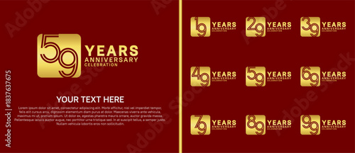 anniversary logo set with circle. gold color on red background for celebration moment