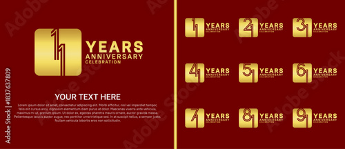 anniversary logo set with circle. gold color on red background for celebration moment