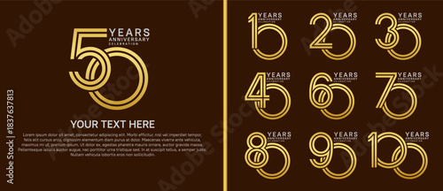 anniversary logo set multiple line style. gold and silver color on brown background for celebration moment